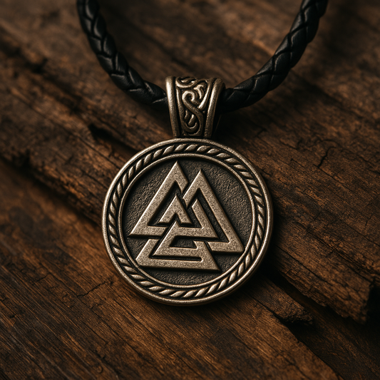 Odin’s Favorites Viking necklace featuring Valknut symbol on rustic wooden background
