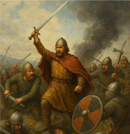 King Alfred leading Saxons at the Battle of Edington against Viking forces, 878 AD.