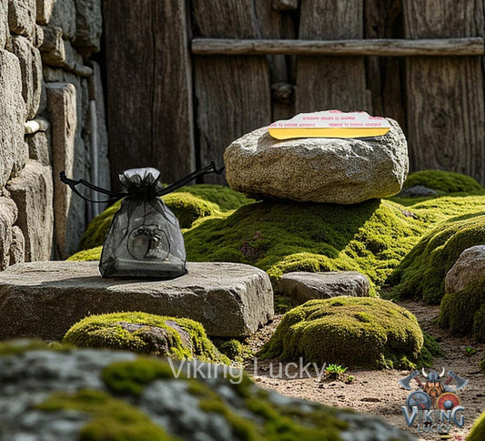 Moss-covered stones with a small bag and a stone with a yellow label in a rustic setting with All-Seeing-Eye-Pendent-Necklace-Inside