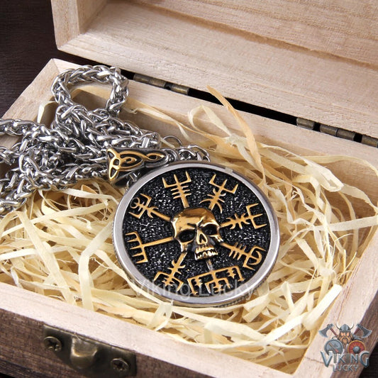 Gold Skull Viking Vegvisir Necklace – Norse Amulet Stainless Steel Pendant for Men