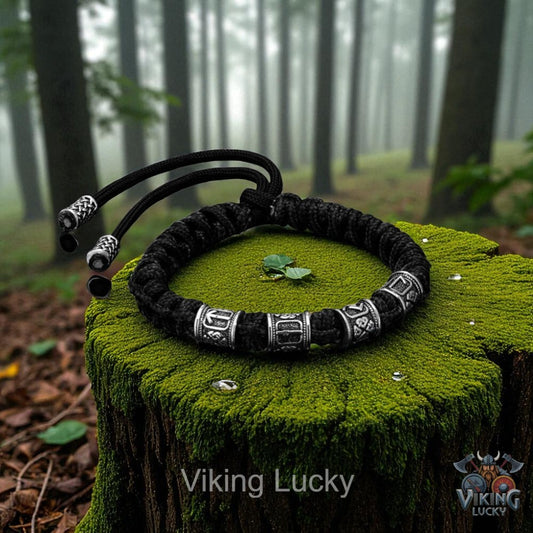 Black beaded bracelet with silver accents on a mossy tree stump in a forest setting, featuring the brand 'Viking Lucky'.