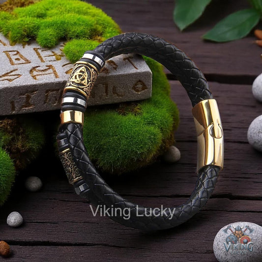 Norse Braided Leather Viking Bracelet with gold-tone clasp