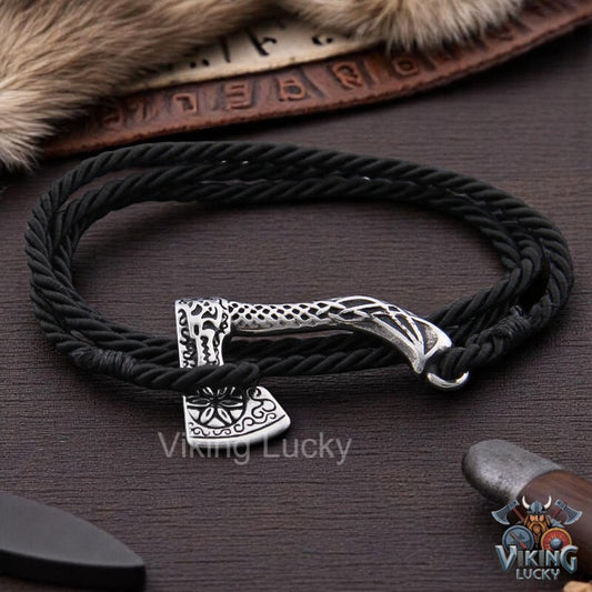 Viking Axe Leather Bracelet Vegvisir Knot Style