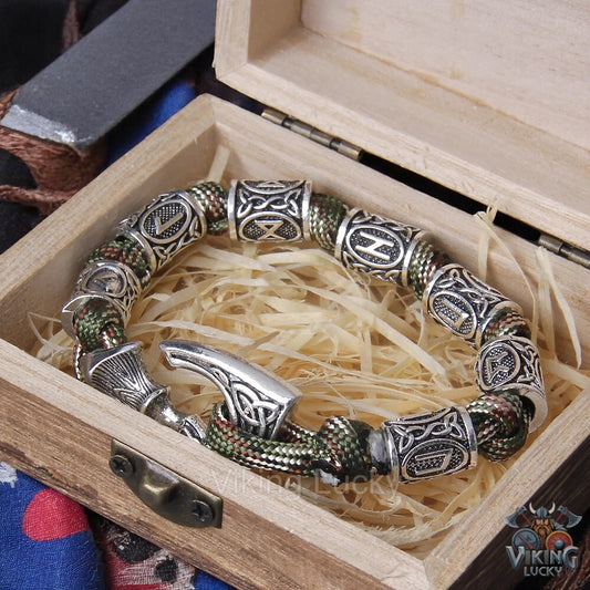 Viking Axe Paracord Bracelet with camouflage green and black woven cord and silver-tone axe pendant and runic/knotwork beads.