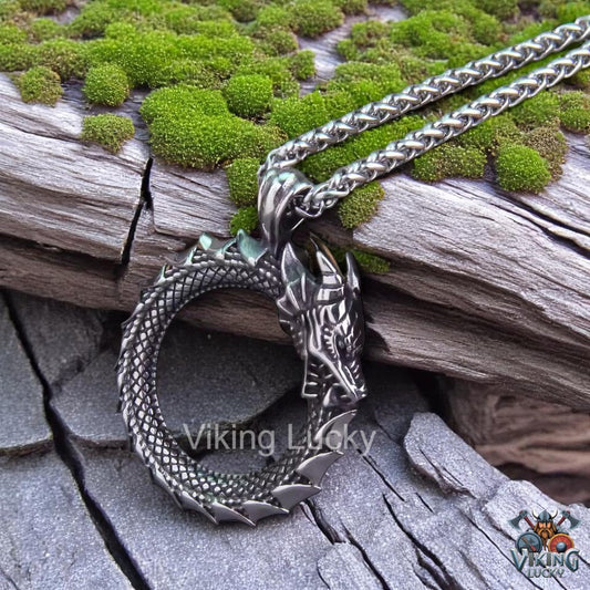 Viking-Necklace-with-Circular-Self-Devouring-Snake-Pendant-Silver