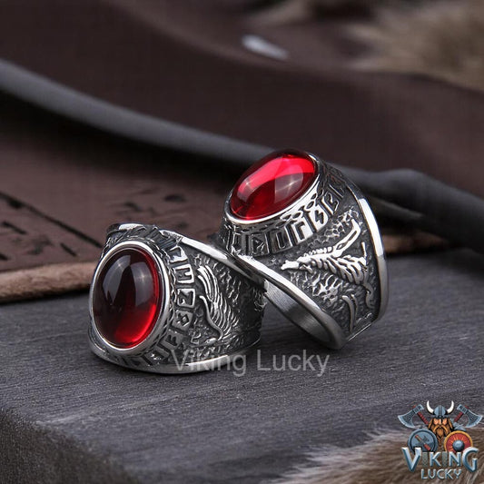 Viking Red Rune Wolf Ring with Norse carvings and red-eyed wolf head