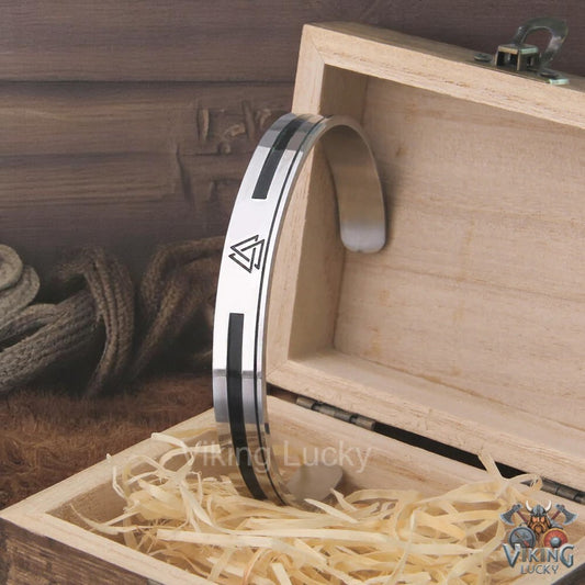 Viking Valknut stainless steel cuff bracelet Norse symbol bangle with box