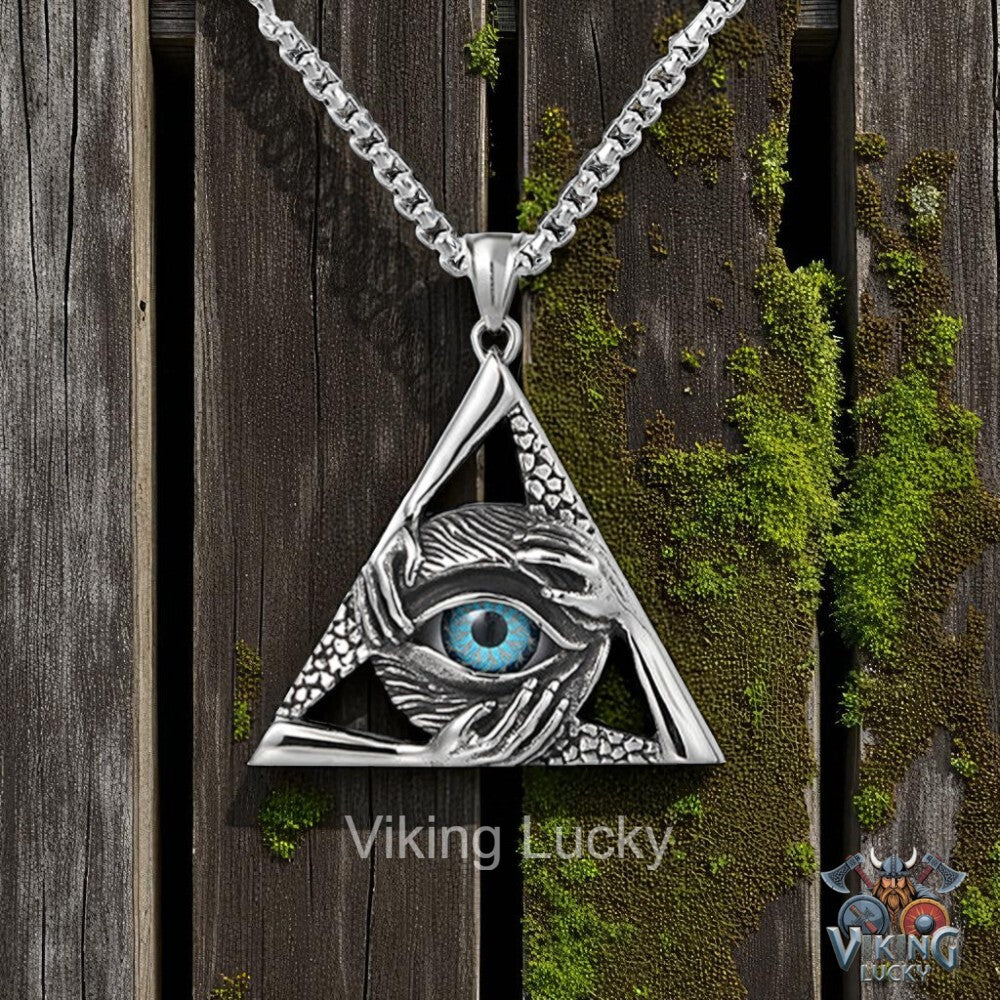 Silver eye pendant necklace on a wooden background with 'Viking Lucky' branding.