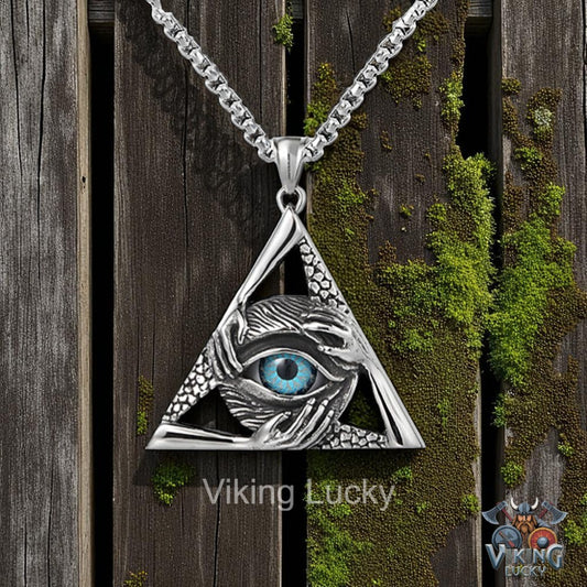 Silver eye pendant necklace on a wooden background with 'Viking Lucky' branding.