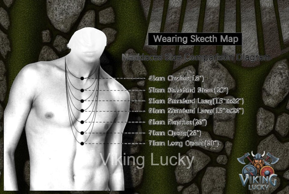 Wearing sketch map with necklace sizes on a stone wall background, featuring 'Viking Lucky' branding.