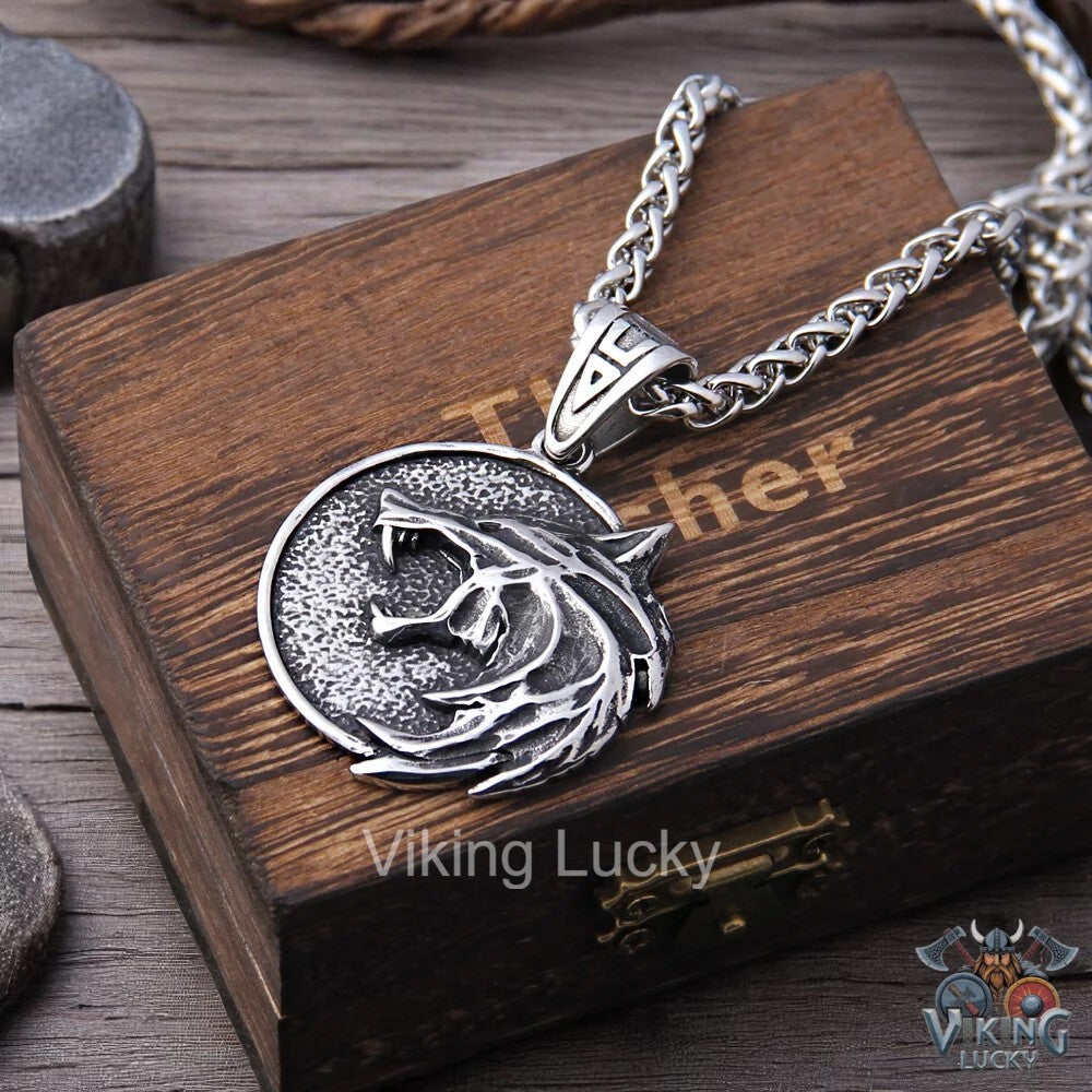 Black oxidized Viking wolf head pendant necklace Close-up shot