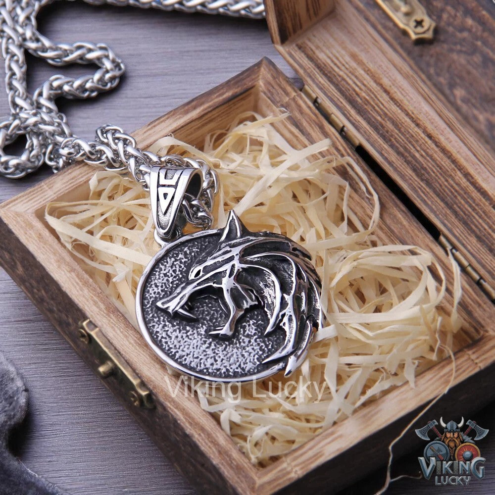 Black oxidized Viking wolf head pendant necklace