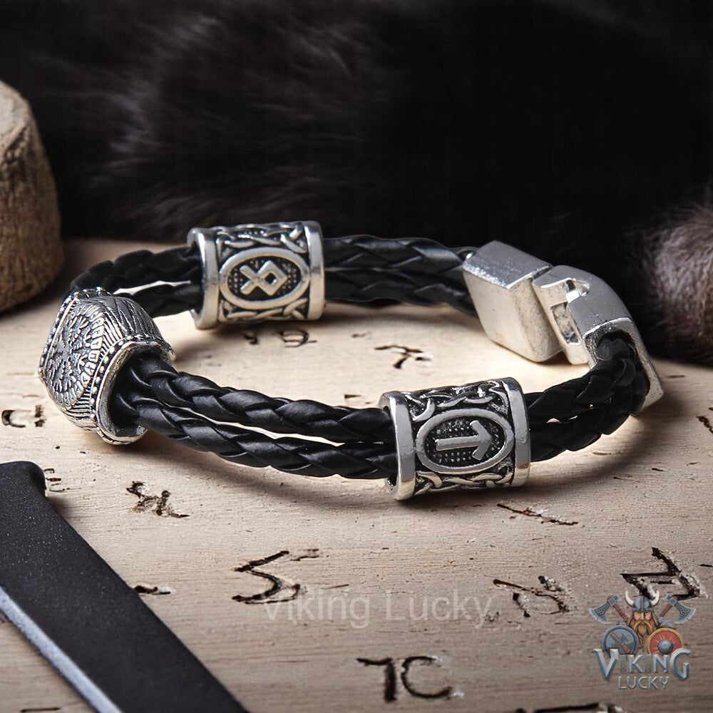 Braided Viking Leather Bracelet with Norse Rune Beads and Magnetic Clasp 2