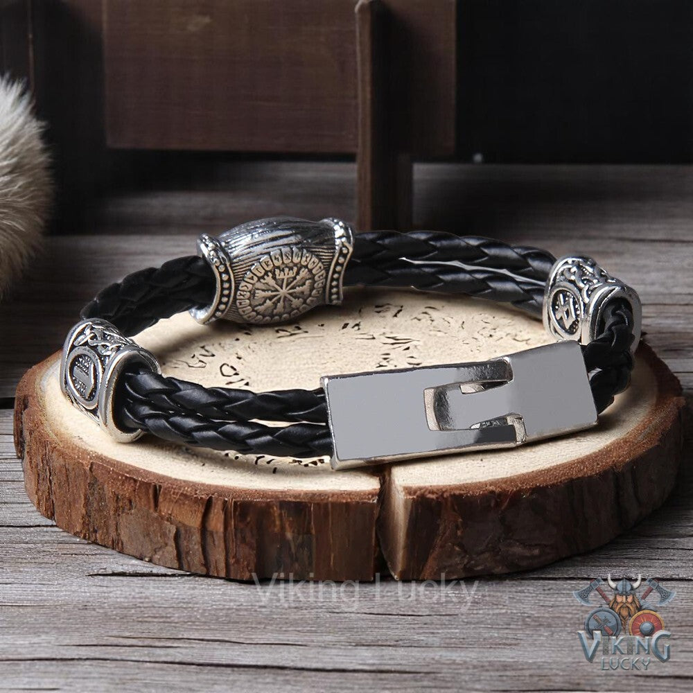 Braided Viking Leather Bracelet with Norse Rune Beads and Magnetic Clasp 3