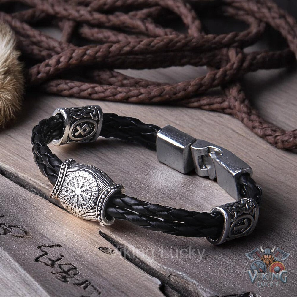 Braided Viking Leather Bracelet with Norse Rune Beads and Magnetic Clasp 8