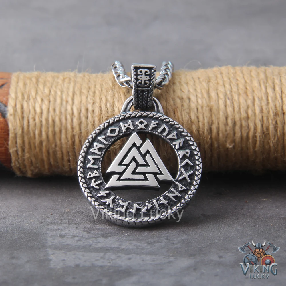 Close-up of Viking Valknut rune necklace showing detailed craftsmanship