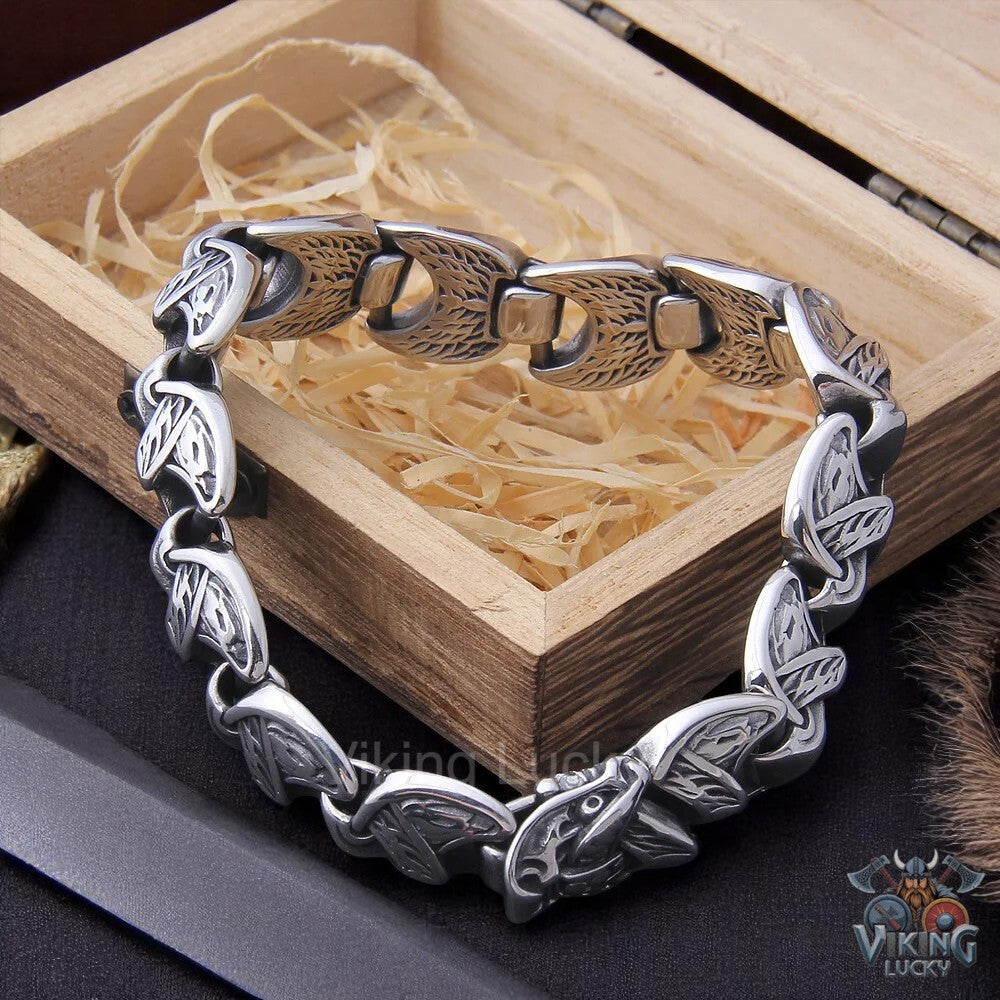 Fenrir Embrace Viking Wolf Link Bracelet With Wooden GiftBox