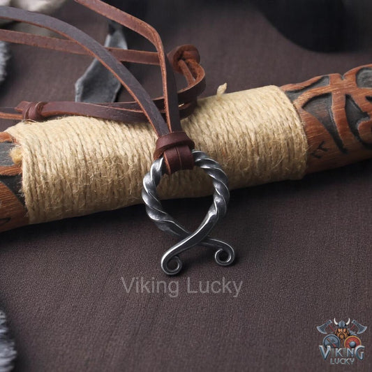 Forged Viking Rune Necklace Iron Stainless Steel Pendant with Leather Cord