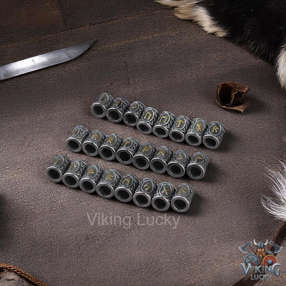 Set of metal dice with 'Viking Lucky' branding on a dark surface.