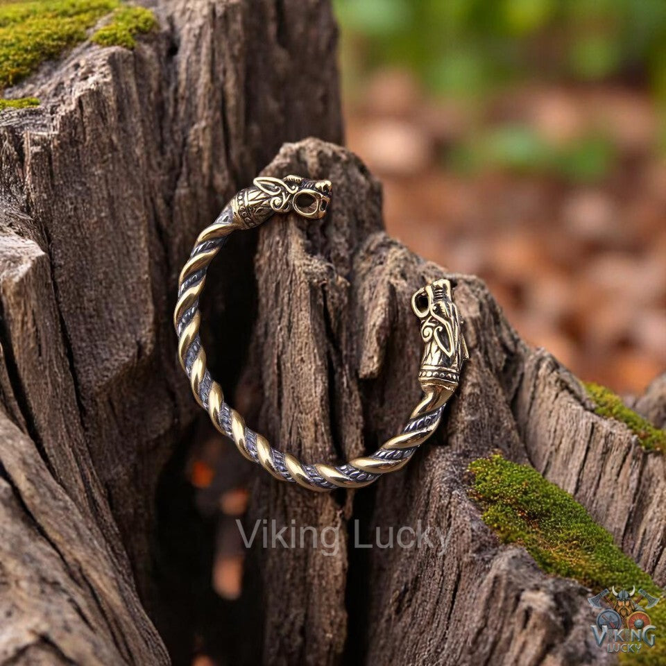 Gold and Silver Two Tone Viking Dragon Armring with Norse detailing Goden Head Closer View