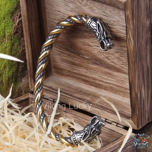 VikingLucky: Gold and Silver Two Tone Viking Dragon Armring with Norse detailing
