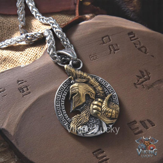 Gold and Silver Viking Warrior Necklace featuring detailed Norse helmet and beard armor pendant close up shot