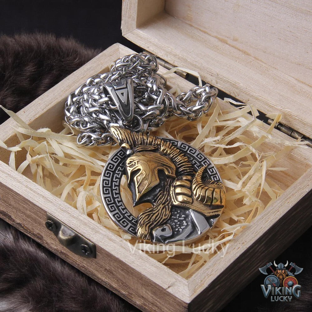 Gold and Silver Viking Warrior Necklace featuring detailed Norse helmet and beard armor pendant with wooden gift box