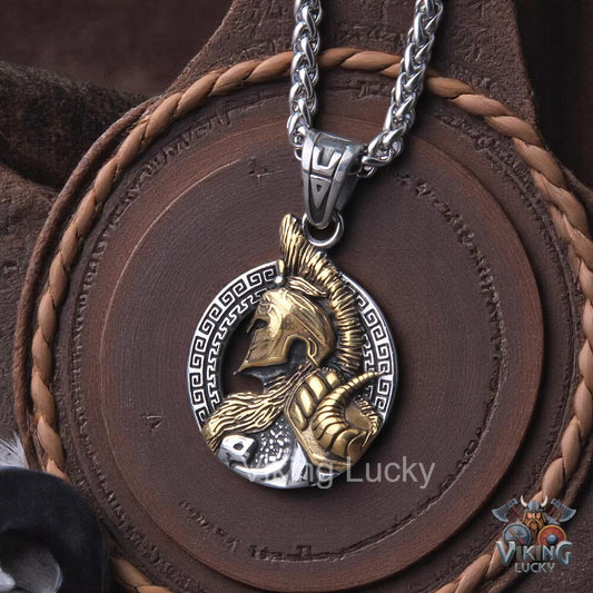 Gold and Silver Viking Warrior Necklace featuring detailed Norse helmet and beard armor pendant.