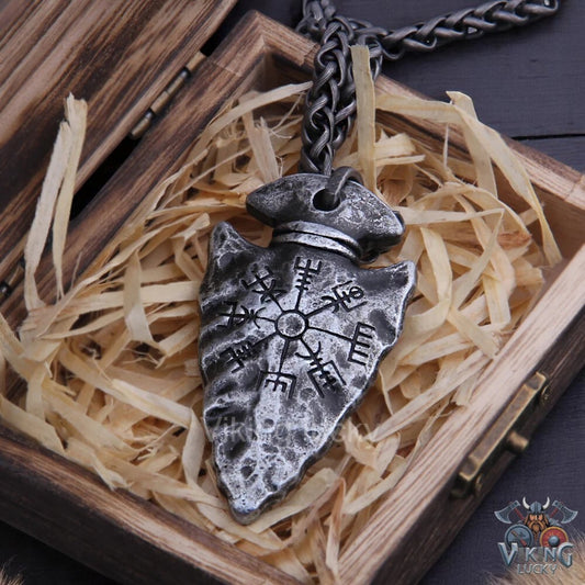 Helm of Awe Viking rune necklace with spearhead pendant and steel chain
