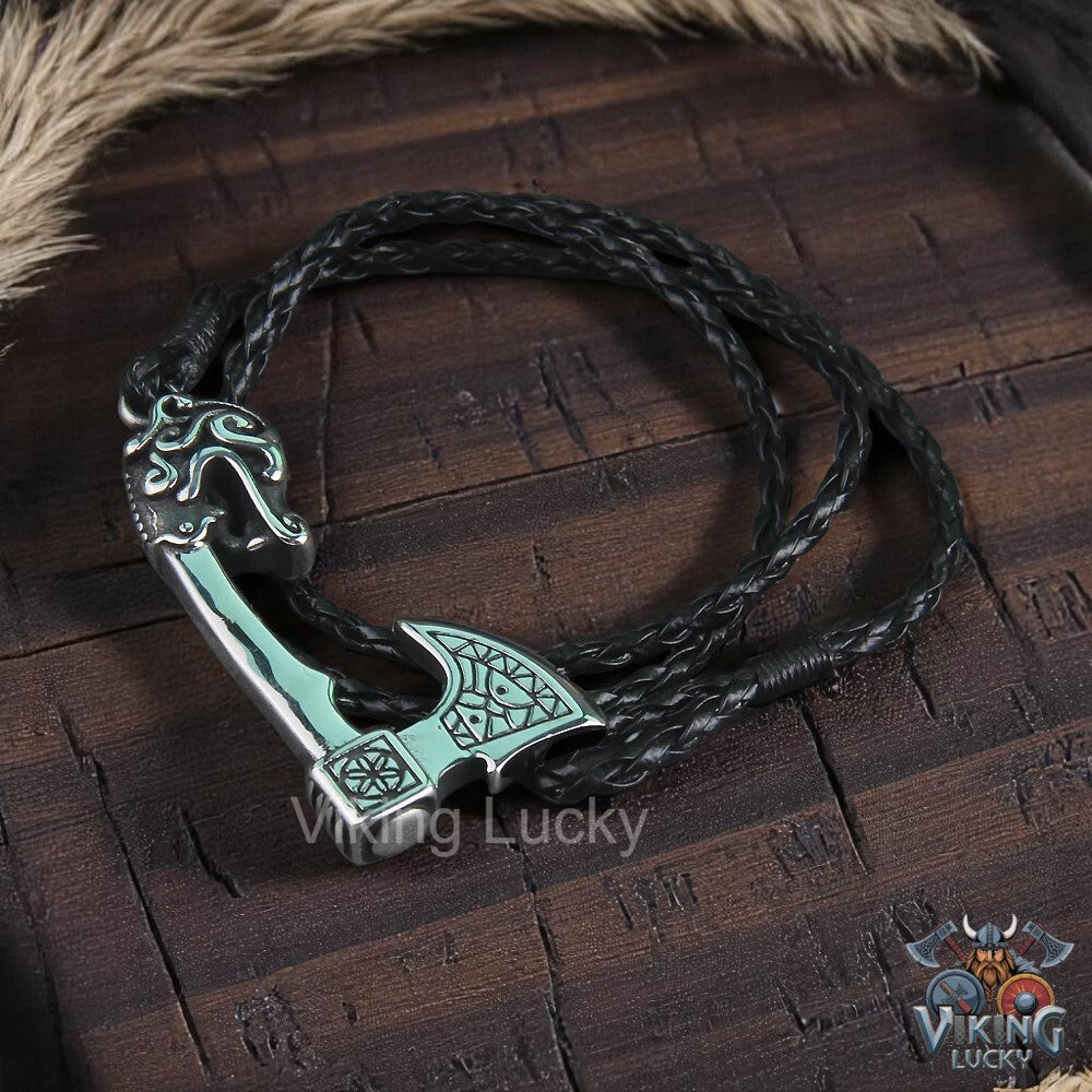 Norse Axe Bracelet Viking Leather Wristband with Dragon Head