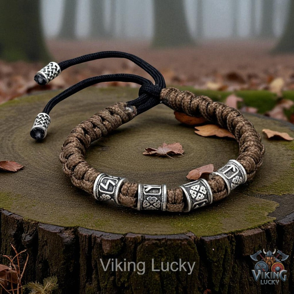 Bracelet with Viking design on a wooden stump with a forest background