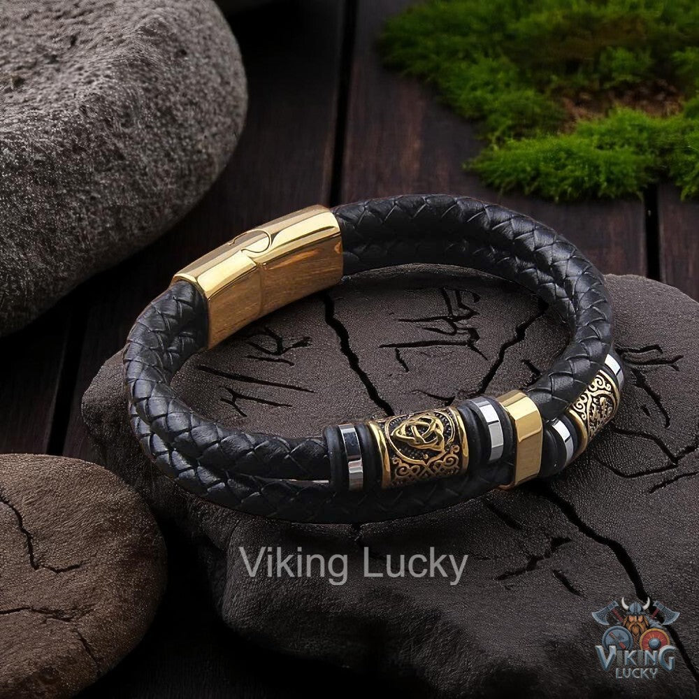 Norse Braided Leather Viking Bracelet with gold-tone clasp CloseUp Shot