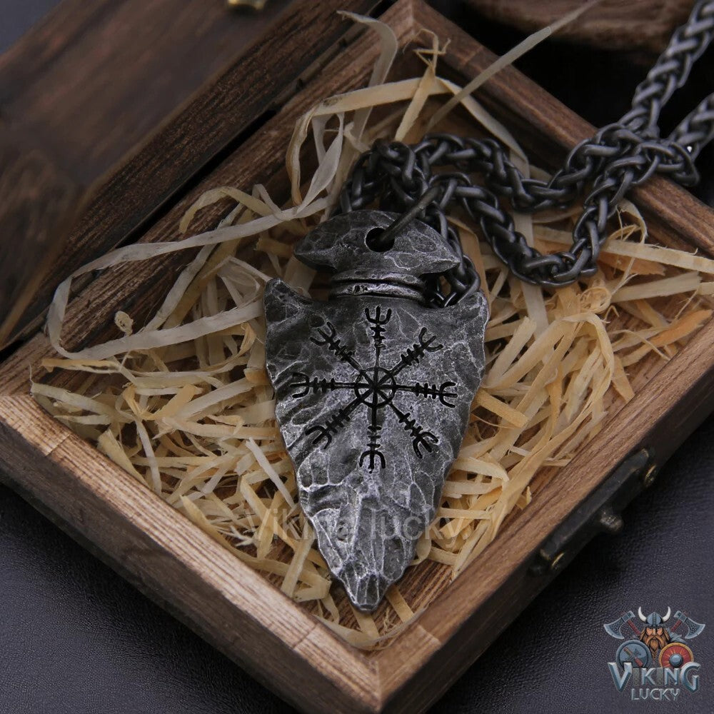 Norse Viking Spearhead Necklace with Helm of Awe Rune Pendant Stainless Steel Chain