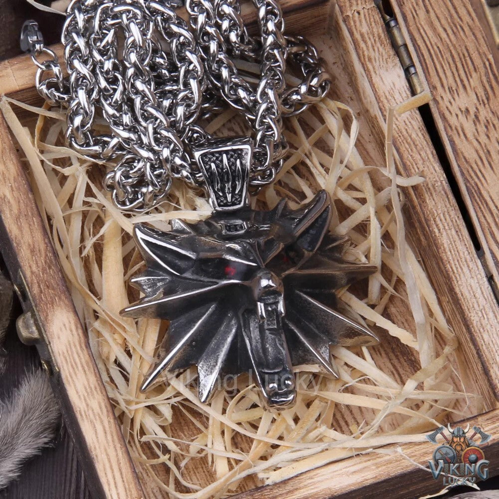Norse Wolf Head Pendant Necklace Viking Jewelry for Men close shot
