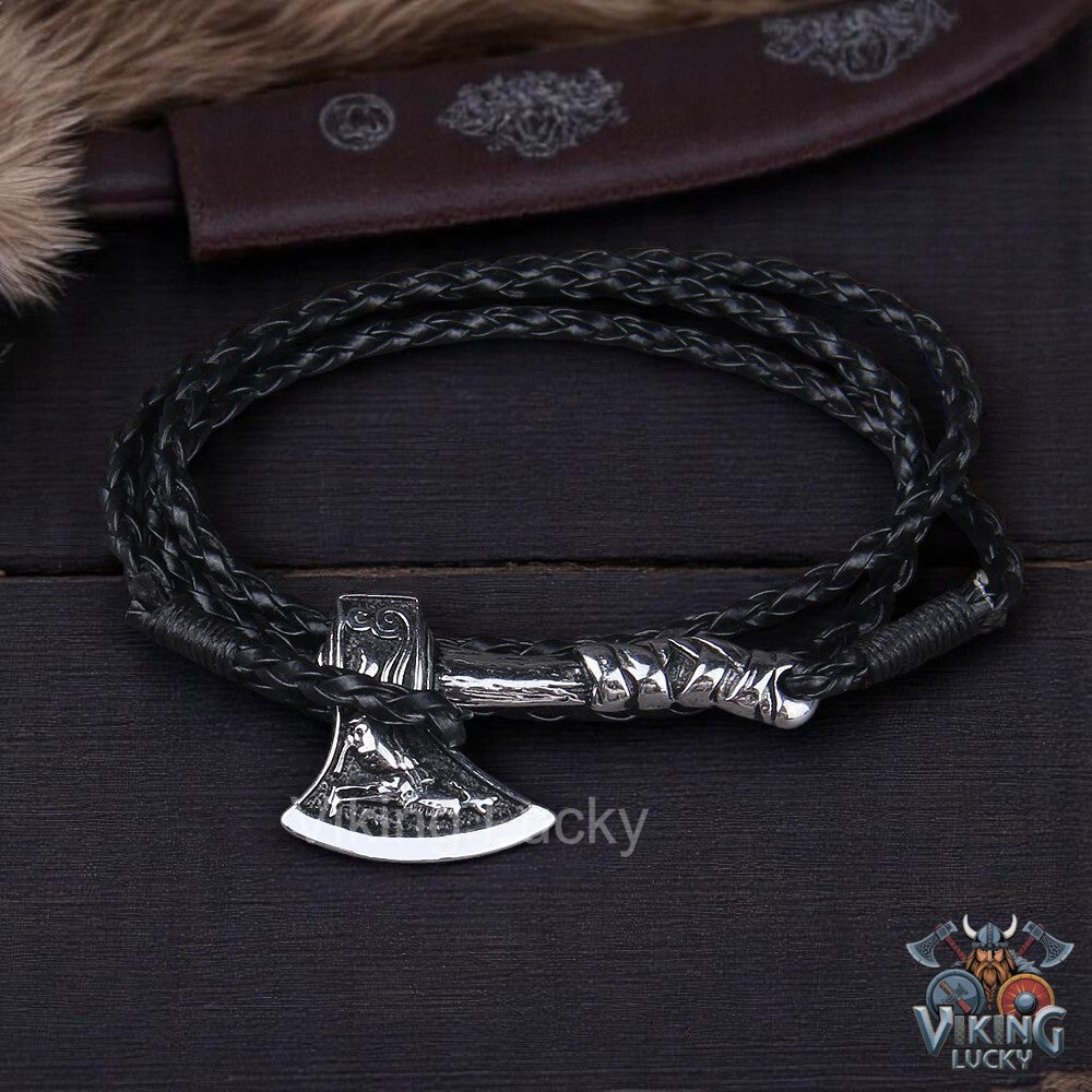 Odins Wolf Axe Bracelet Norse Leather Wra