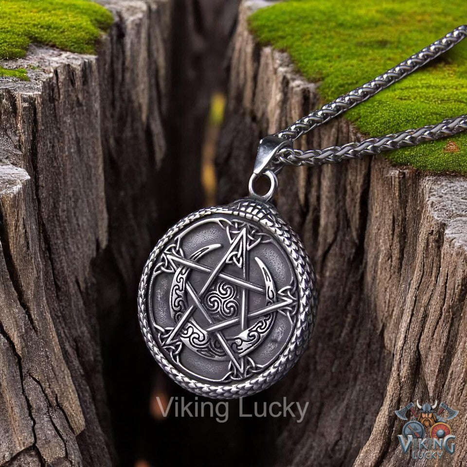 Ouroboros Viking Necklace featuring pentagram knot closeup shot