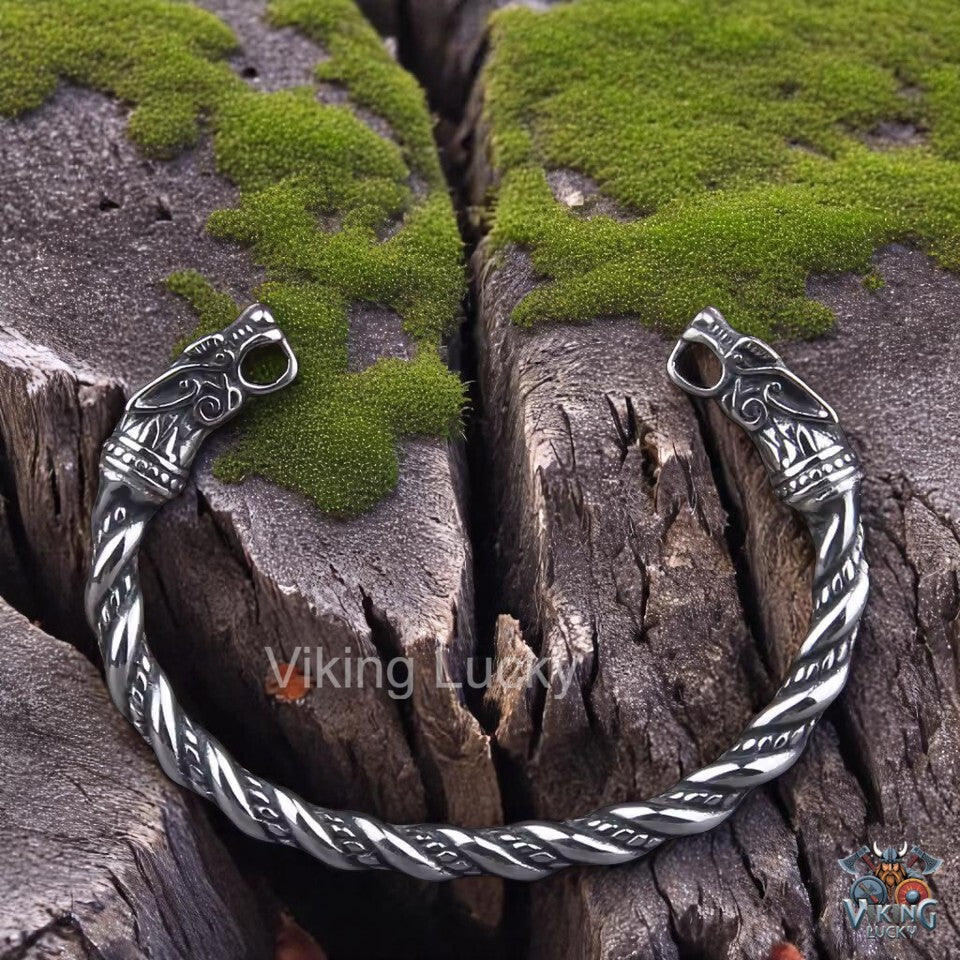 Oxidized Twisted Silver Viking Bracelet with carved Dragon Heads VikingLucky