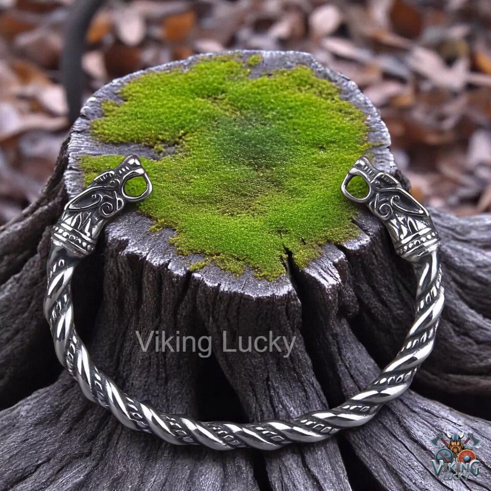 Oxidized Twisted Silver Viking Bracelet with carved Dragon heads Viking Lucky