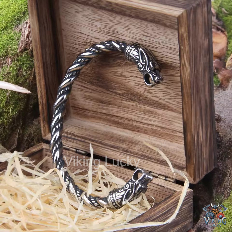 Oxidized silver Viking bracelet with detailed dragon heads Viking Lucky
