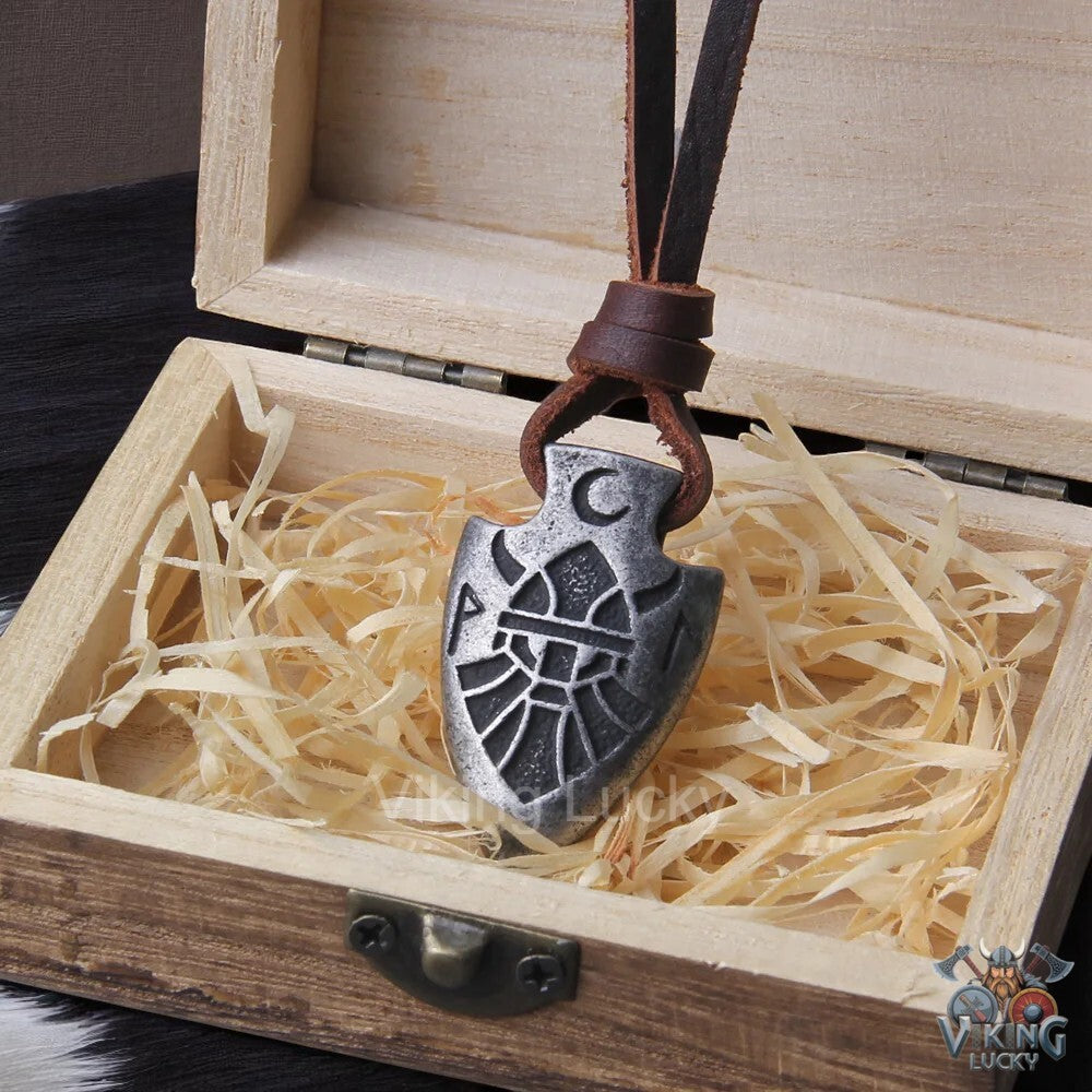 Silver Viking Spearhead Pendant Necklace with Norse Rune Symbol Leather Cord with Wooden Gift Box