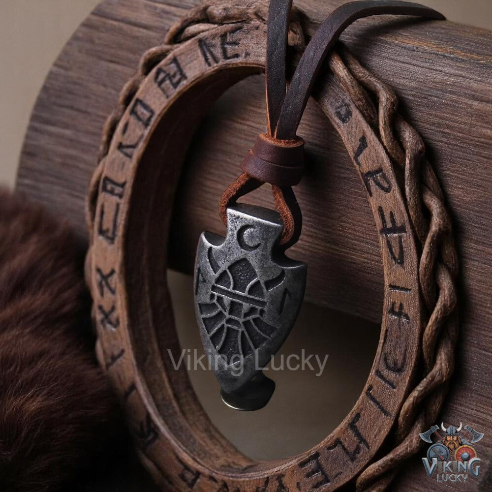 Silver Viking Spearhead Pendant Necklace with Norse Rune Symbol Leather Cord Close-up Shot