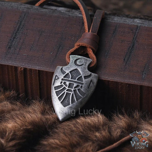 Silver Viking Spearhead Pendant Necklace with Norse Rune Symbol Leather Cord Close Up