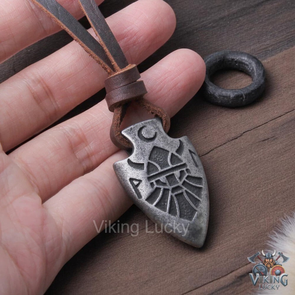Silver Viking Spearhead Pendant Necklace with Norse Rune Symbol Leather Cord Detail Shot