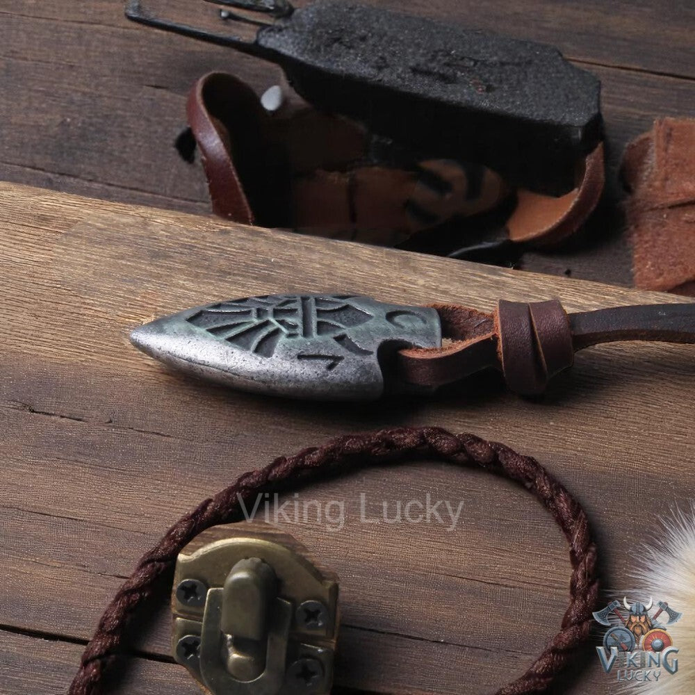 Silver Viking Spearhead Pendant Necklace with Norse Rune Symbol Leather Cord side angle shot