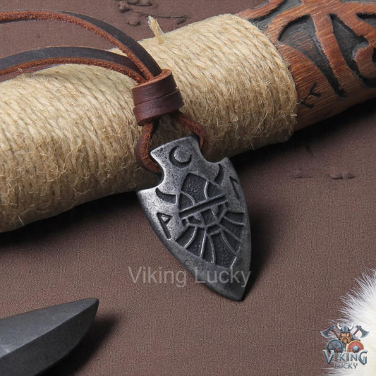 Silver Viking Spearhead Pendant Necklace with Norse Rune Symbol Leather Cord