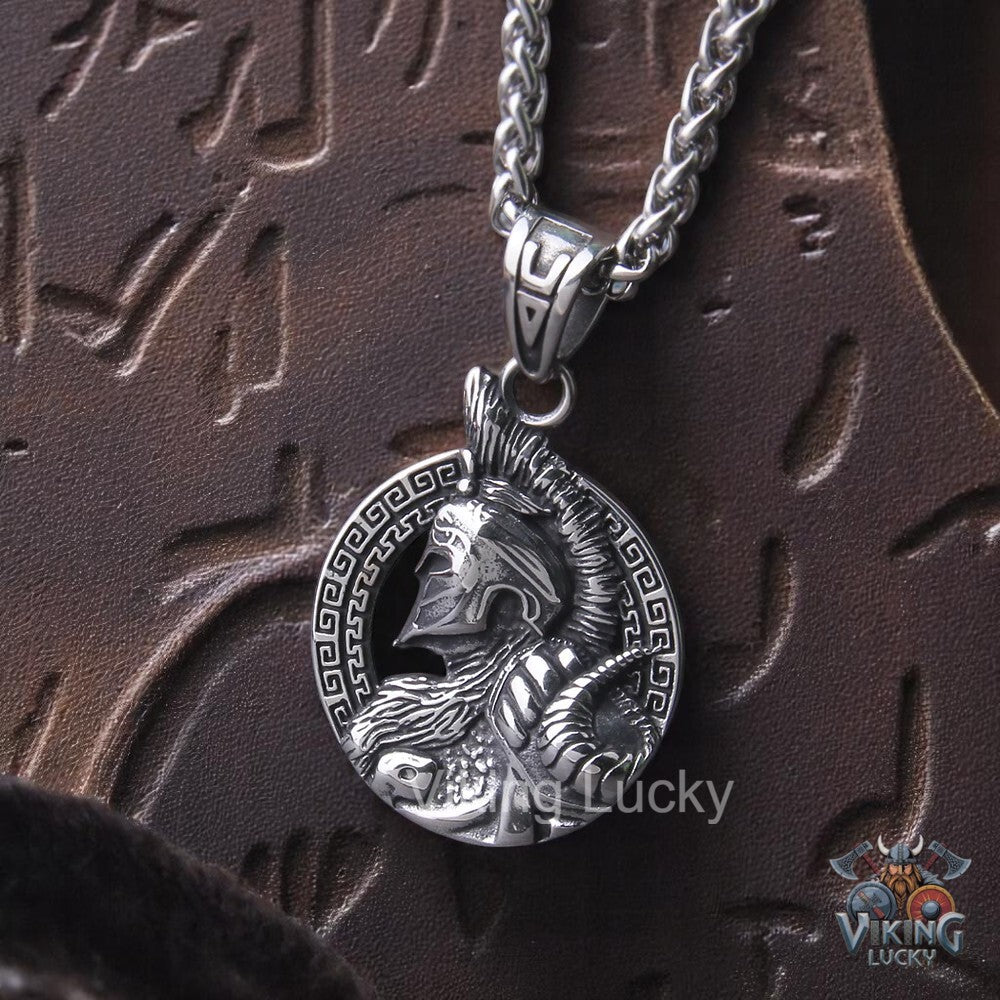 Silver Viking Warrior Pendant Necklace with Norse helmet design on wheat chain
