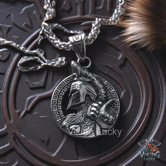 Silver Viking Warrior Pendant Necklace with Norse helmet design on wheat chain detail