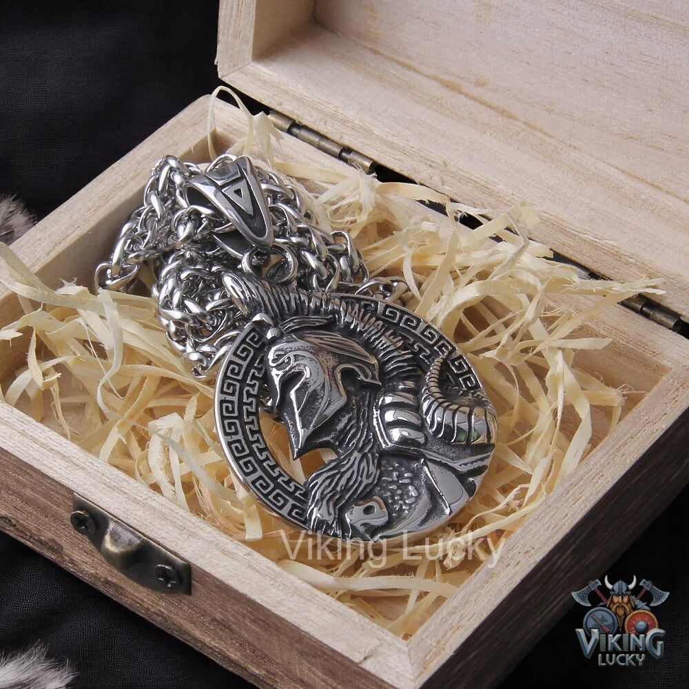 Silver Viking Warrior Pendant Necklace with Norse helmet design on wheat chain with wooden gift box