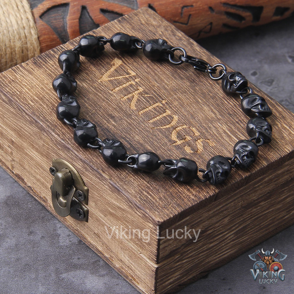Skull Viking Bracelet Gothic Punk Stainless SteelJewelry Black