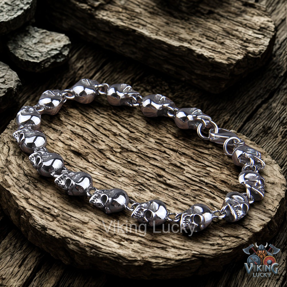 Skull Viking Bracelet Gothic Punk Stainless SteelJewelry Silver Angle Tiled View